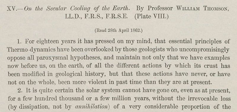 Detail of first page of Thomson article, “The Secular Cooling of the Earth,” Transactions of the Royal Society of Edinburgh, 1864 (Linda Hall Library)