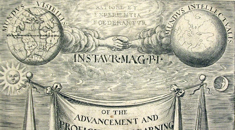 The visible world and the intelligible world joined together, detail of the engraved title page, Of the Advancement and Proficience of Learning, by Francis Bacon, edited by William Rawley, engraved by William Marshall, 1640 (Linda Hall Library)