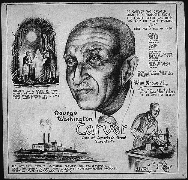 Wartime recruiting cartoon, “GEORGE WASHINGTON CARVER - ONE OF AMERICA'S GREAT SCIENTISTS,” by Charles Alston, 1943, U.S. National Archives (archives.gov)