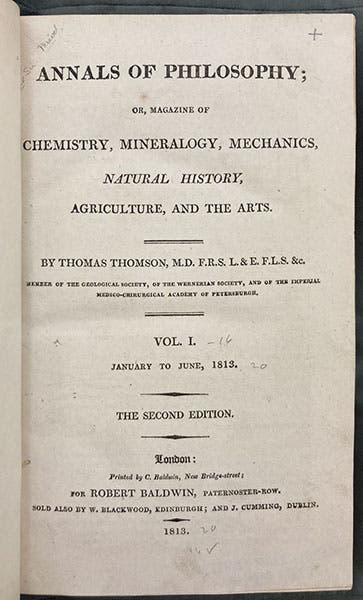 First page of first volume, Annals of Philosophy, or Magazine of Chemistry, founded and edited by Thomas Thomson, 1813-1820 (Linda Hall Library)