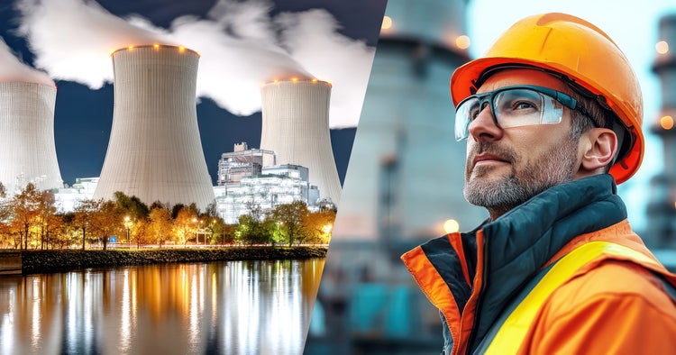 Split-image of a nuclear power plant with steaming cooling towers on the left and an industrial worker in safety gear at a facility on the right.