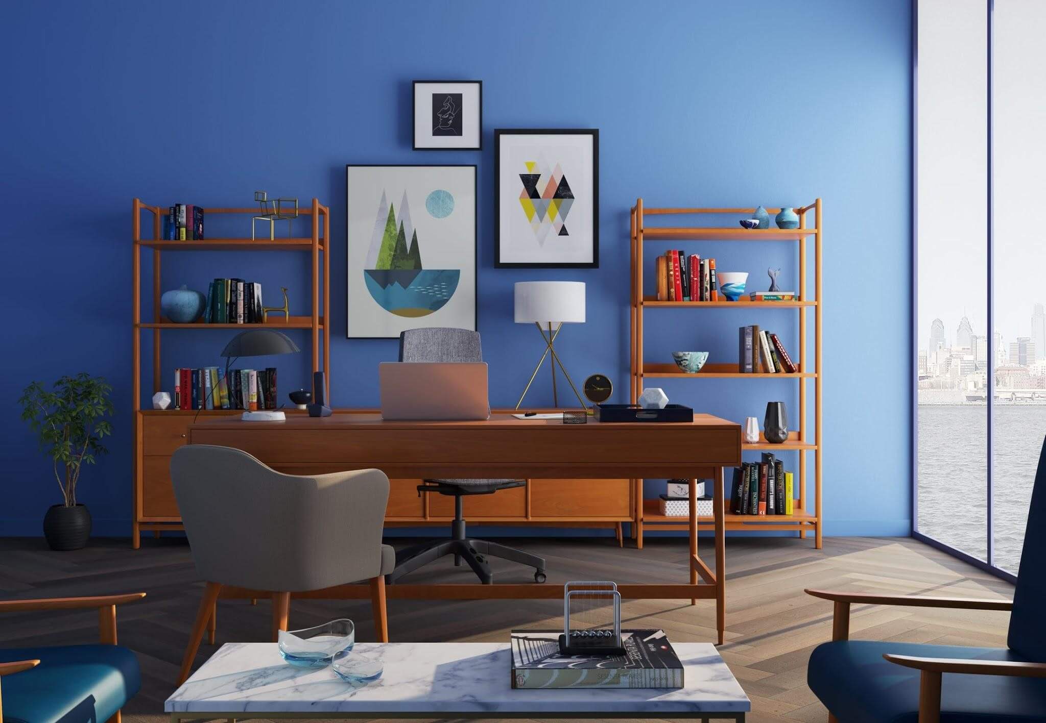 interior dengan dinding bercat biru