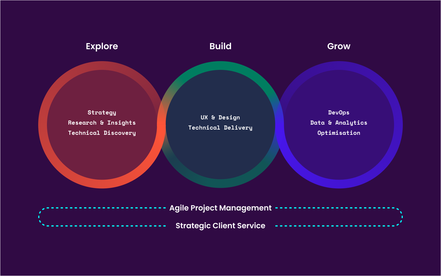Explore Build Grow is Luminary's proprietary process for implementing end-to-end digital transformation.