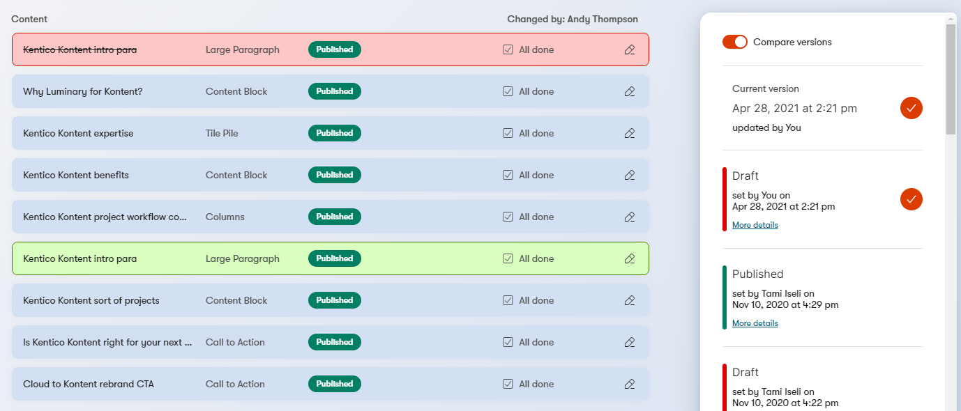 Kentico Kontent version comparison interface