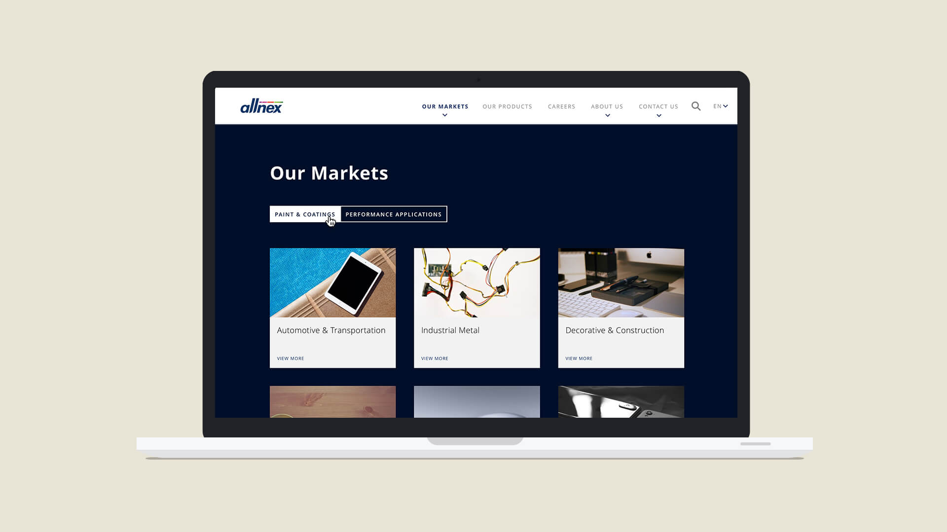 Allnex website - Our Markets page