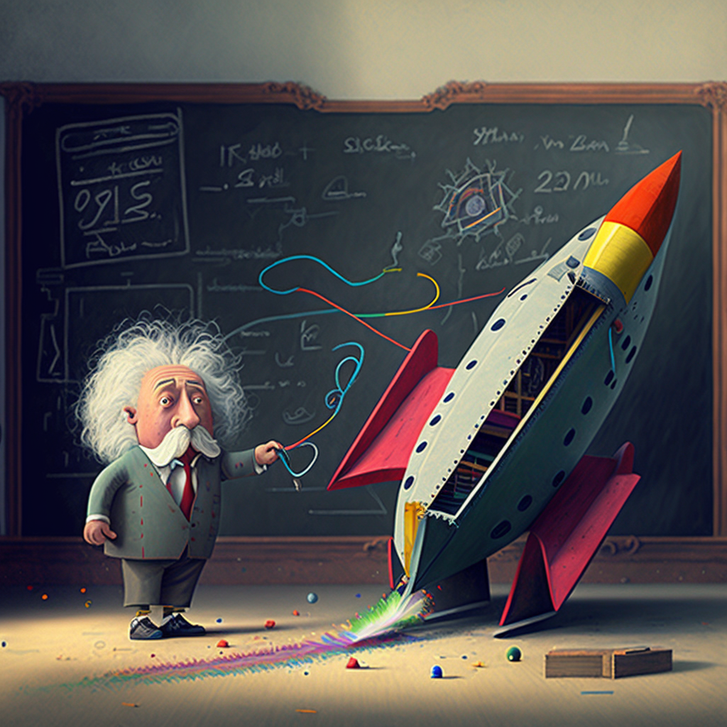 Cartoon Albert Einstein designing and building a small rocket ship