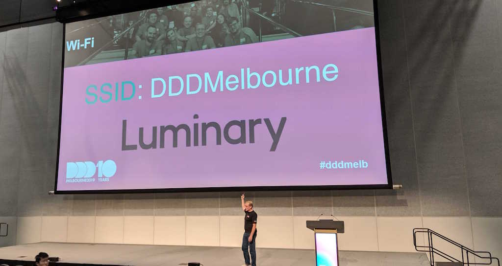 The stage at DDD Melbourne with Luminary logo on the screen