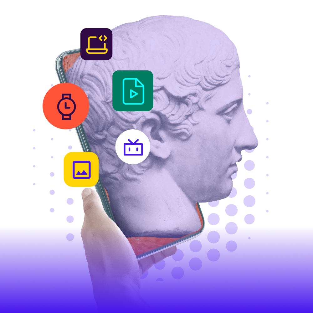 Image of a statue head with microservices icons coming out of it
