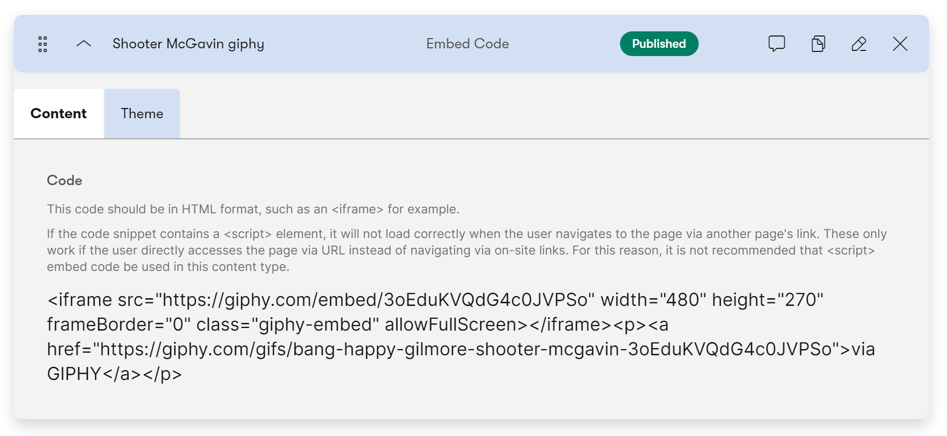Embed code content item screenshot