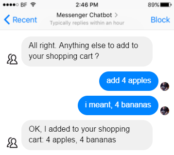 Screenshot of chatbot misconstruing instructions to replace four apples with four bananas as 'add four bananas to the four apples'