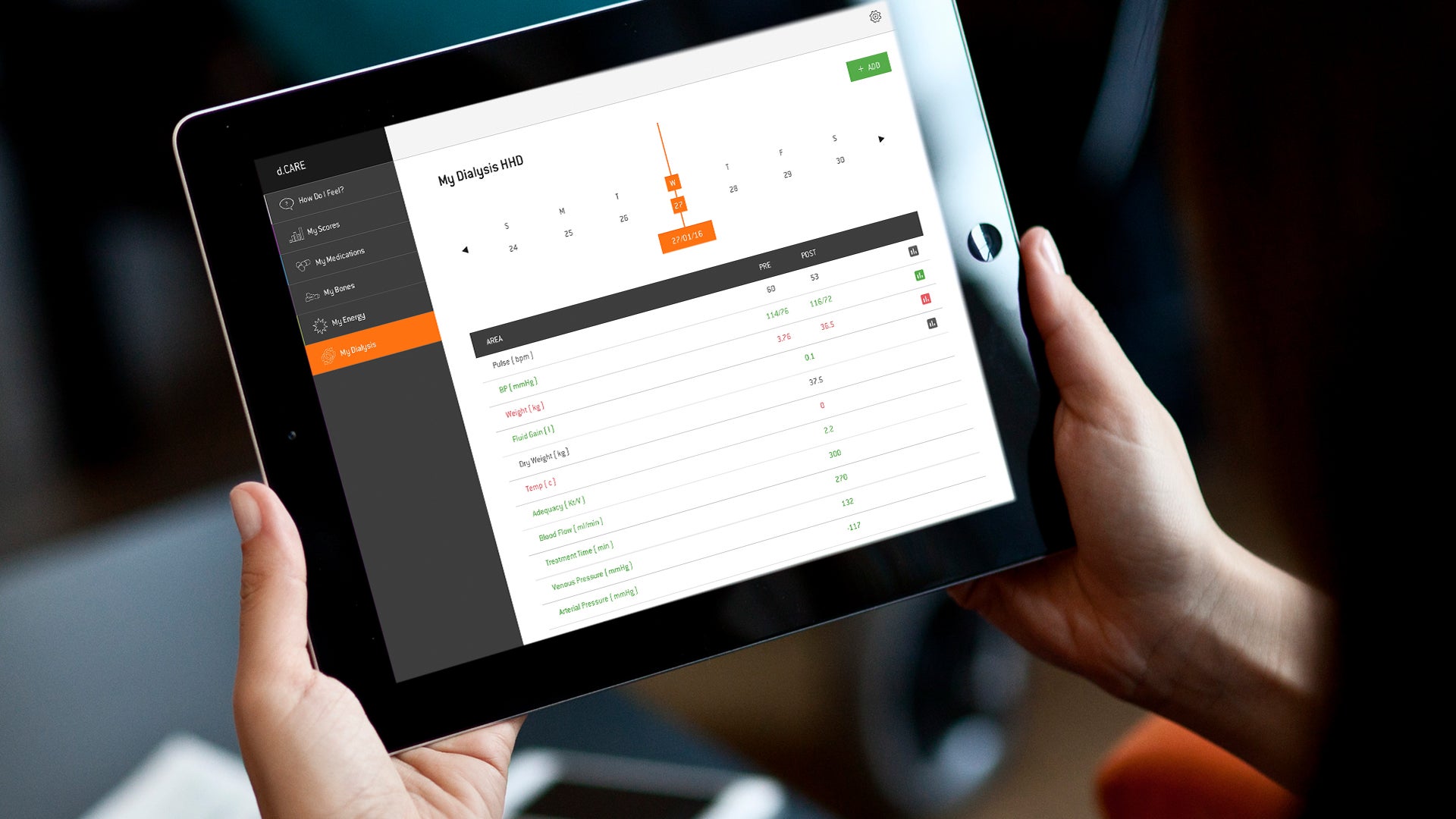 d.CARE My Dialysis module displayed on a tablet