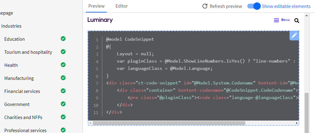 Kontent Smart Link SDK highlighting a code snippet component as editable