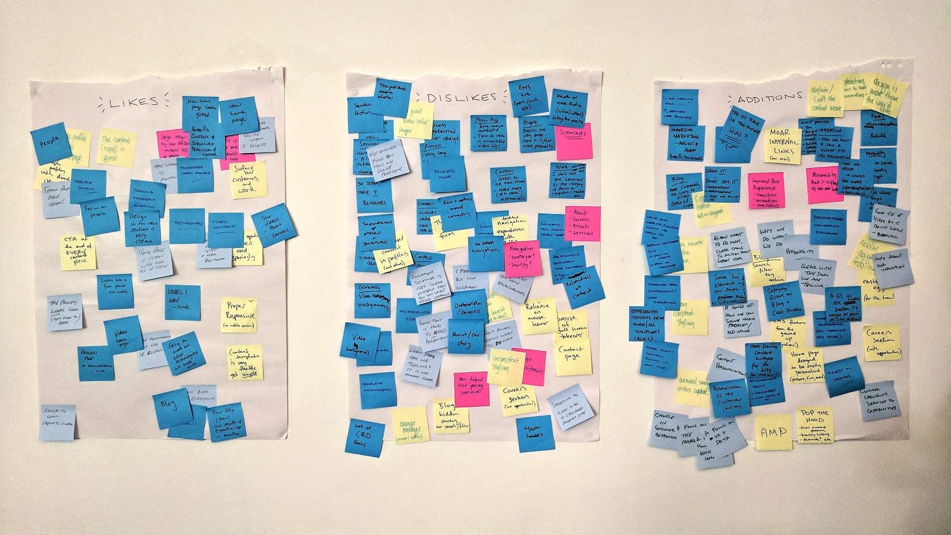 Post-it notes on a workshop wall