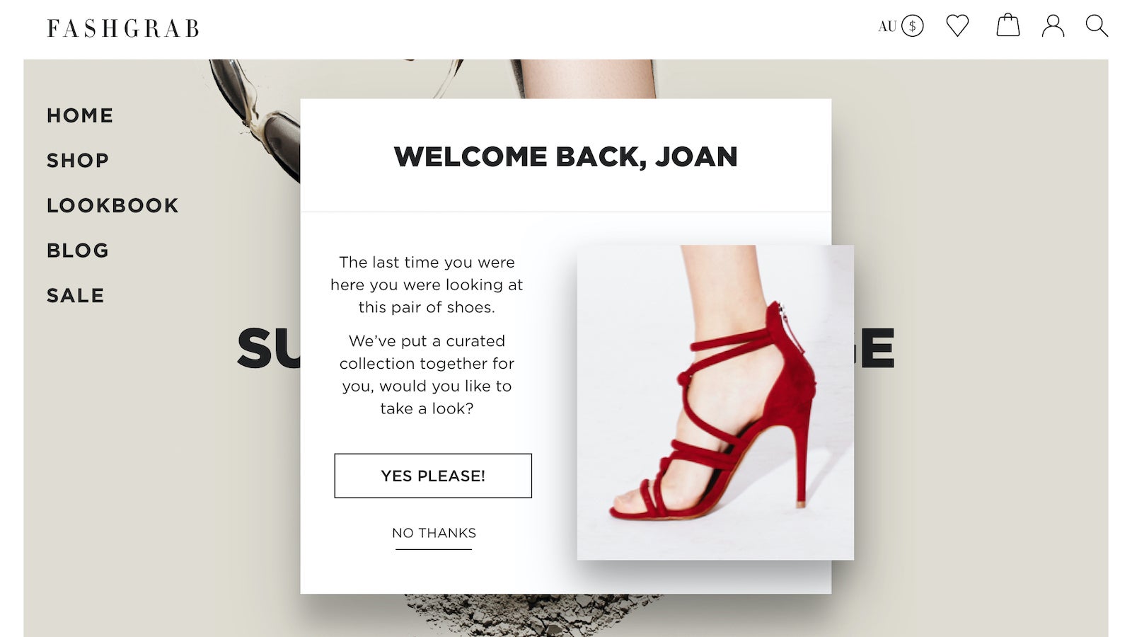 Personalised web page saying Welcome Back Joan