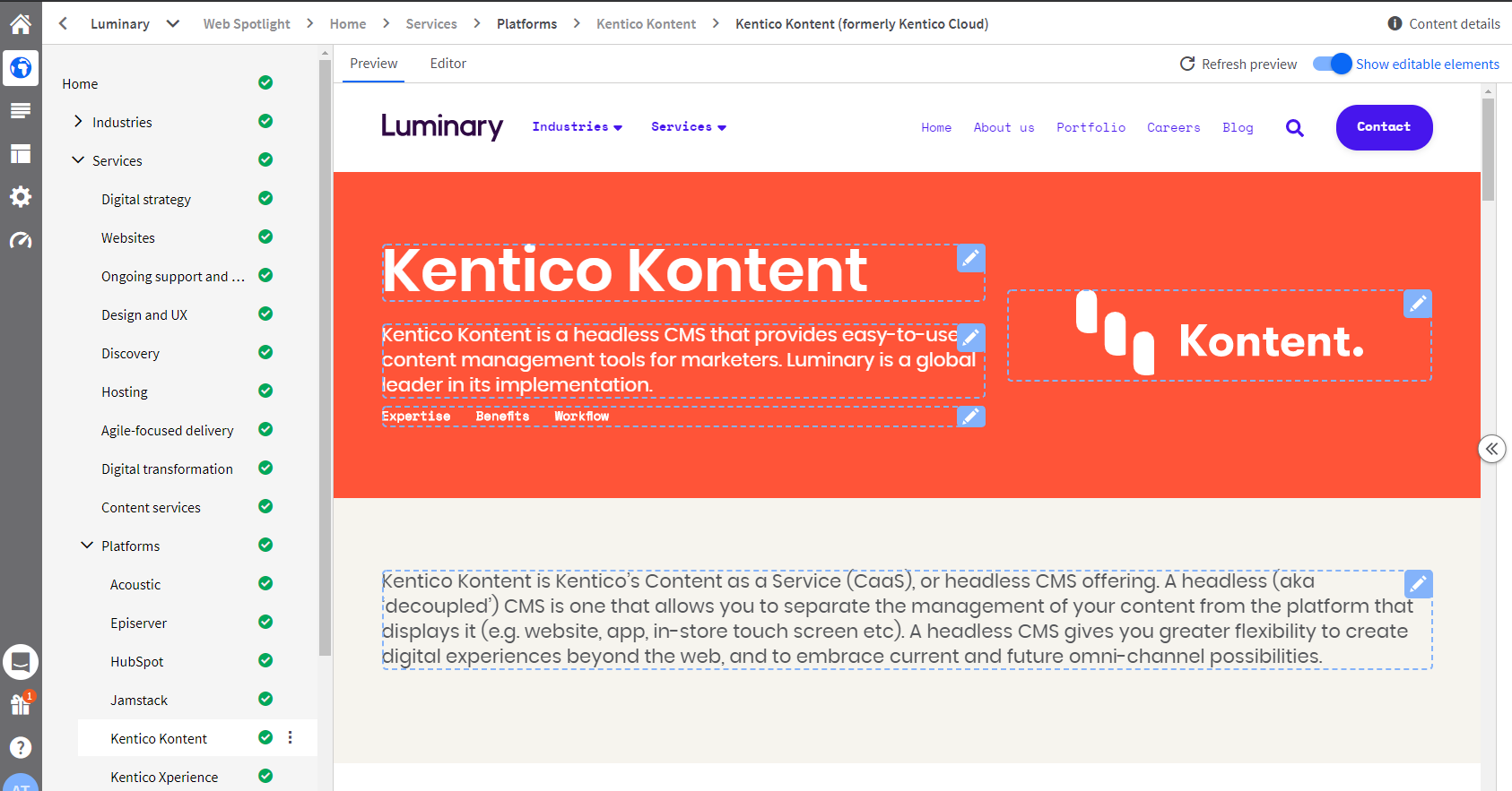 Kontent Web Spotlight interface