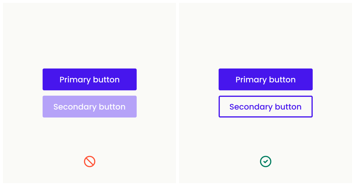 Perceivable accessibility principles. This image demonstrates the difference between bad and best practice when designing a distinguishable visual language between UI buttons.