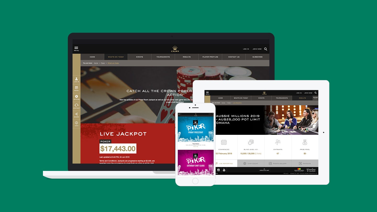 Crown Poker website on laptop, tablet and mobile