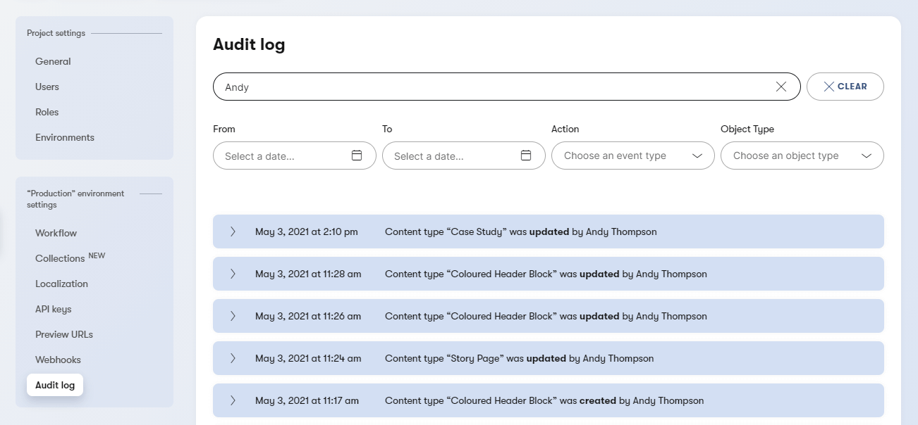 Screenshot of Kontent's Audit Log module