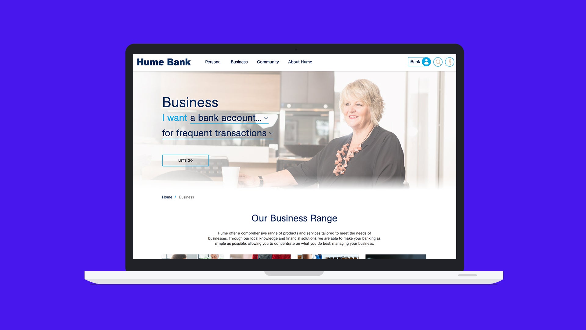 Hume Bank Home Page on a Laptop Device
