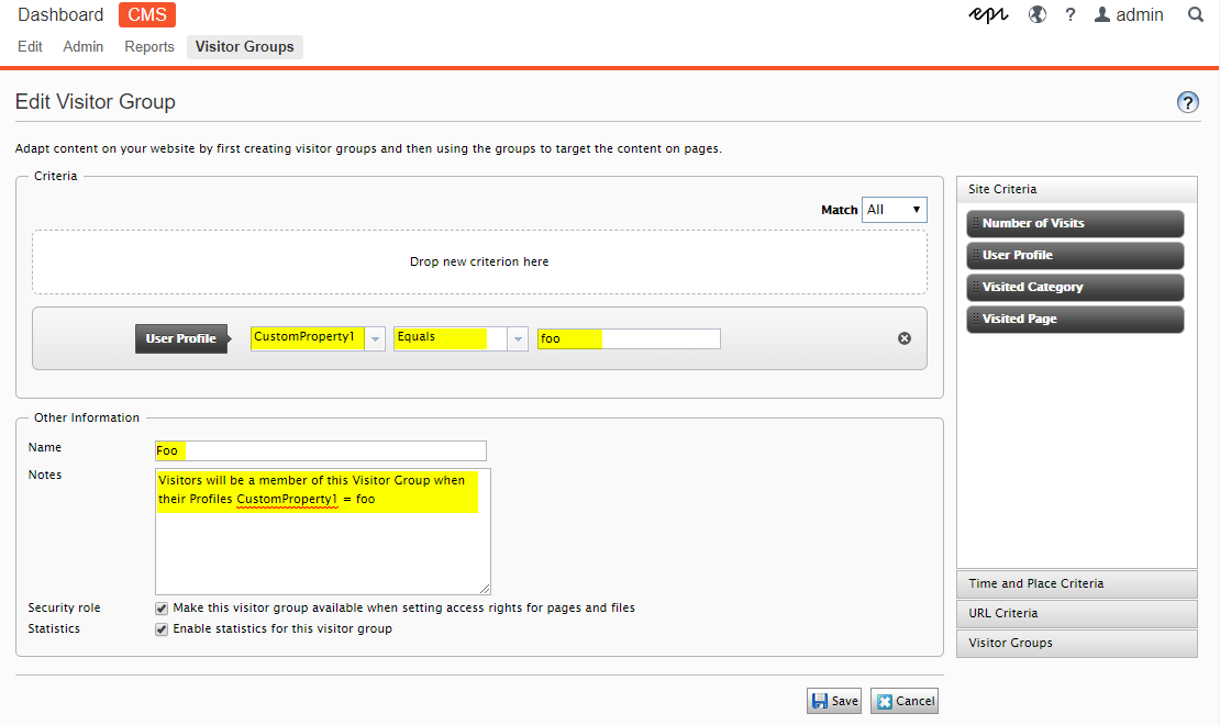 Episerver Visitor Group Profile Fields