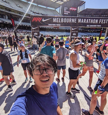 Tony's end-of-marathon selfie