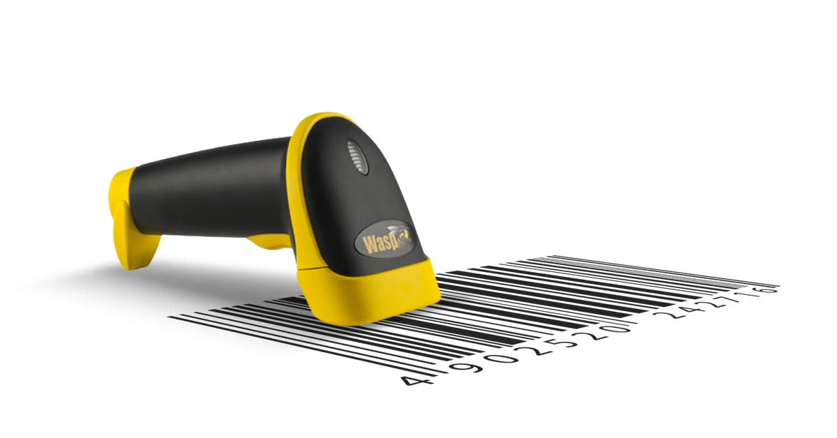 Image displays a Wasp barcode scanner and a UPC code