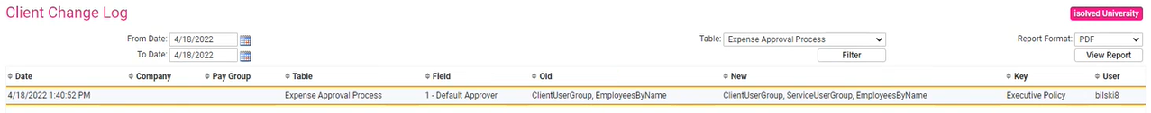 The client change log screen in isolved People Cloud showing a change to an Expense Approval Process item.