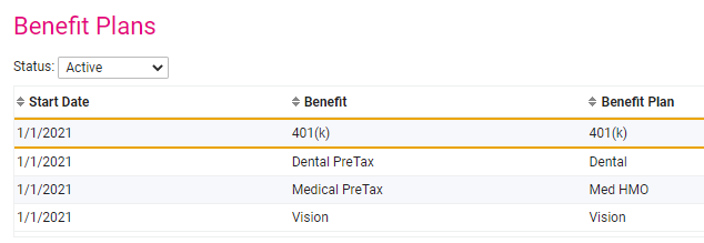 Benefit Plans Screenshot