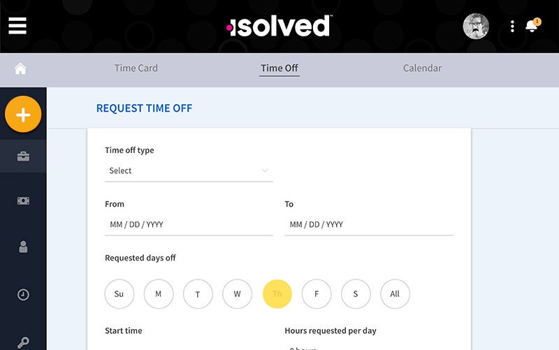 Time off request screen in isolved People Cloud