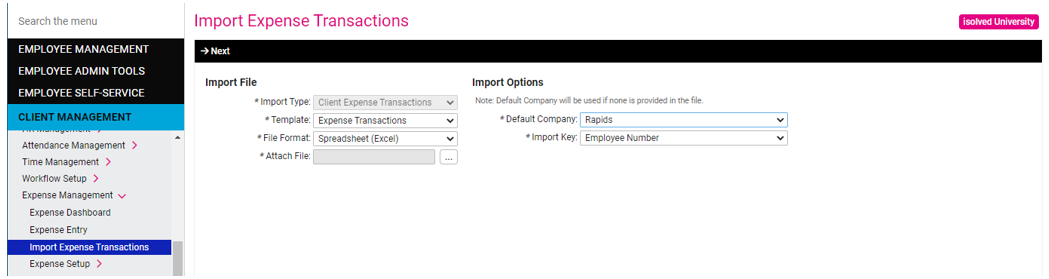 Import Expense Transaction Screen