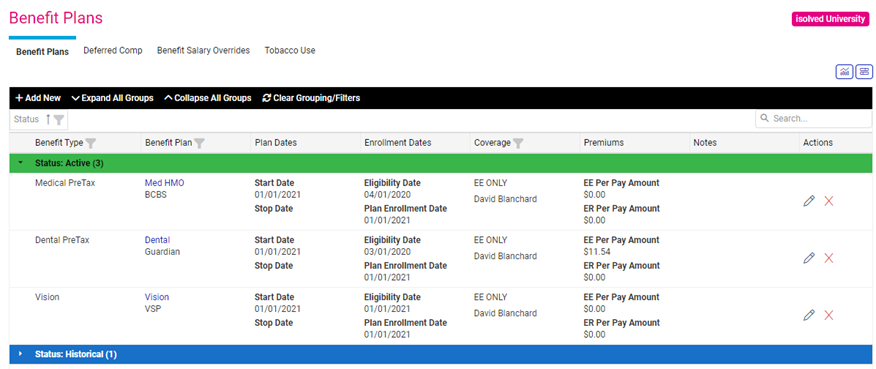 Detailed Benefit Plans Screenshot