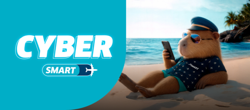 Capibara con lentes de sol y uniforme de piloto JetSMART, relajado en la playa mientras mira su celular en el "Cyber SMART".