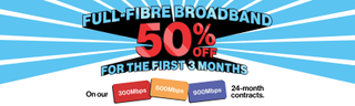 Banner showing 50% off for the first 3 months on 300, 600 and 900 megabits per second, 2 year contracts. 