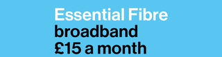 Blue banner which with text 'Essential fibre broadband £15 a month'