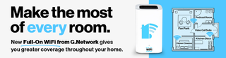 Banner with text which says 'Make the most of every room. New Full-On WiFi from G.Network gives you greater coverage throughout your home, a photo of the G.Network Full on Wifi mesh booster and a simple visualization of how it helps to spread wifi signal throughout the home. 