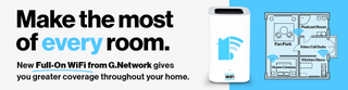 Banner with text which says 'Make the most of every room. New Full-On WiFi from G.Network gives you greater coverage throughout your home, a photo of the G.Network Full on Wifi mesh booster and a simple visualization of how it helps to spread wifi signal throughout the home.
