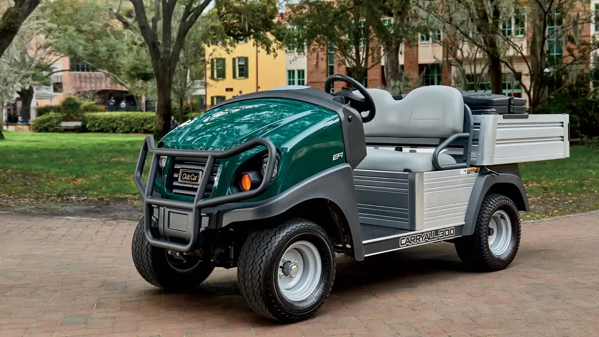 A Club Car Carryall 300 parked on a college campus