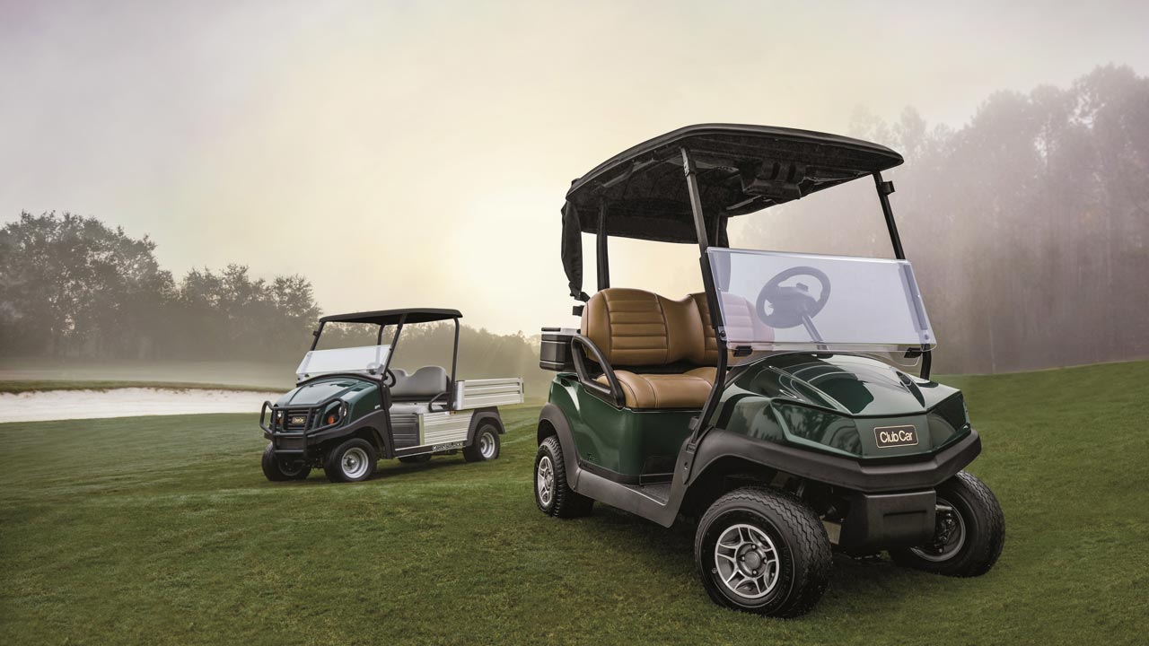 Golf carts on a golf course.