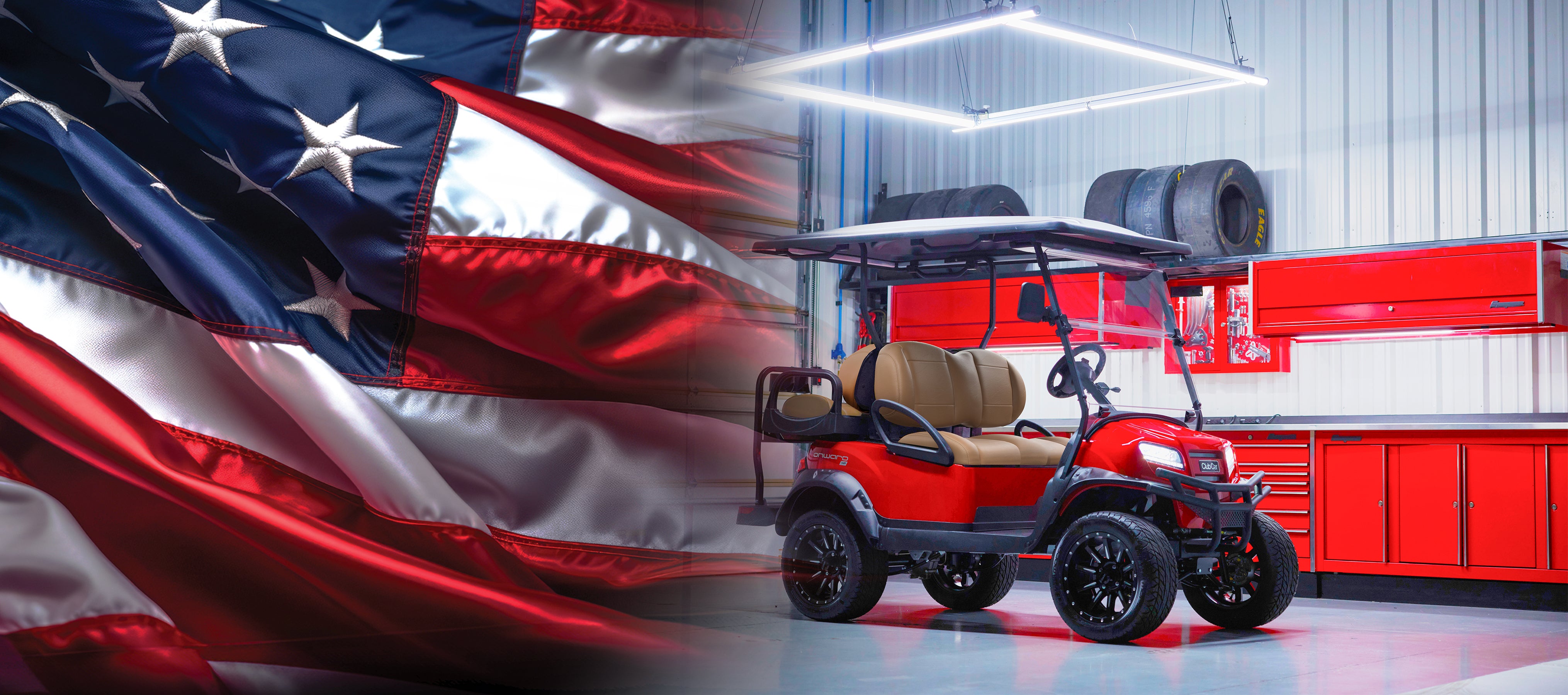 A red Club Car Onward with an overlaid image of an American flag.
