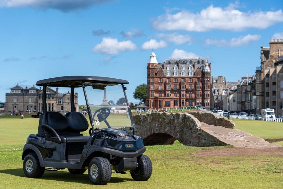 A new Club Car Tempo golf car next to the Swilcan Bridge on the Old Course,
St Andrews. 