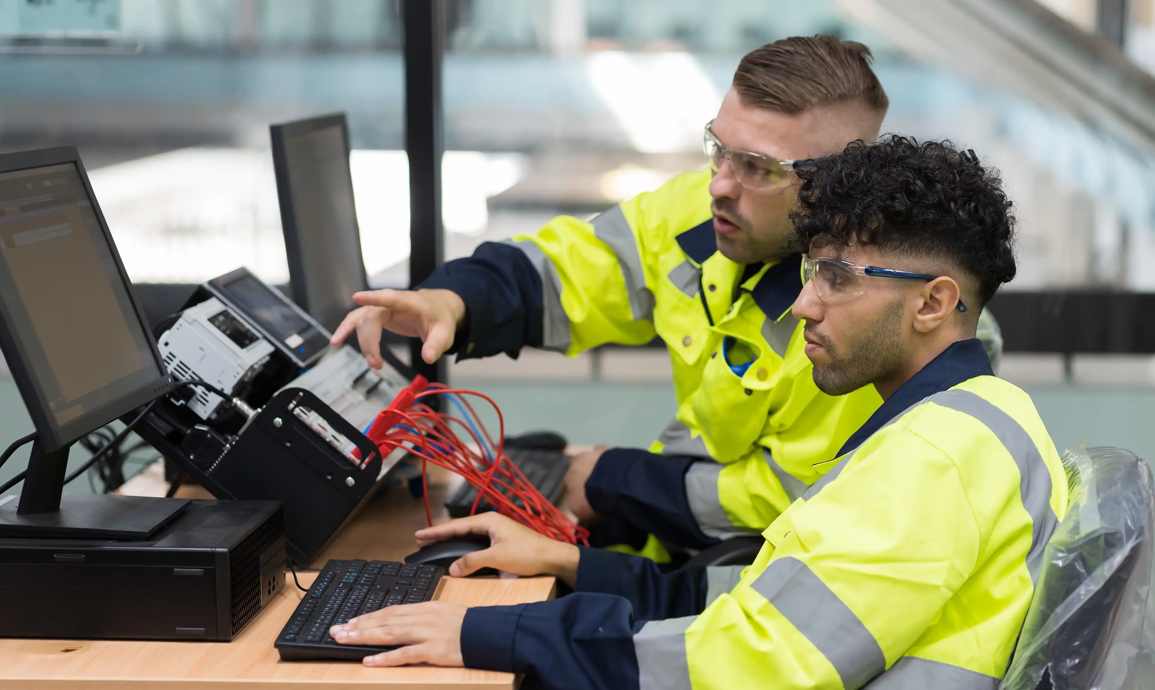 Two male engineers in yellow high vis jackets in an office working together behind a desktop computer.