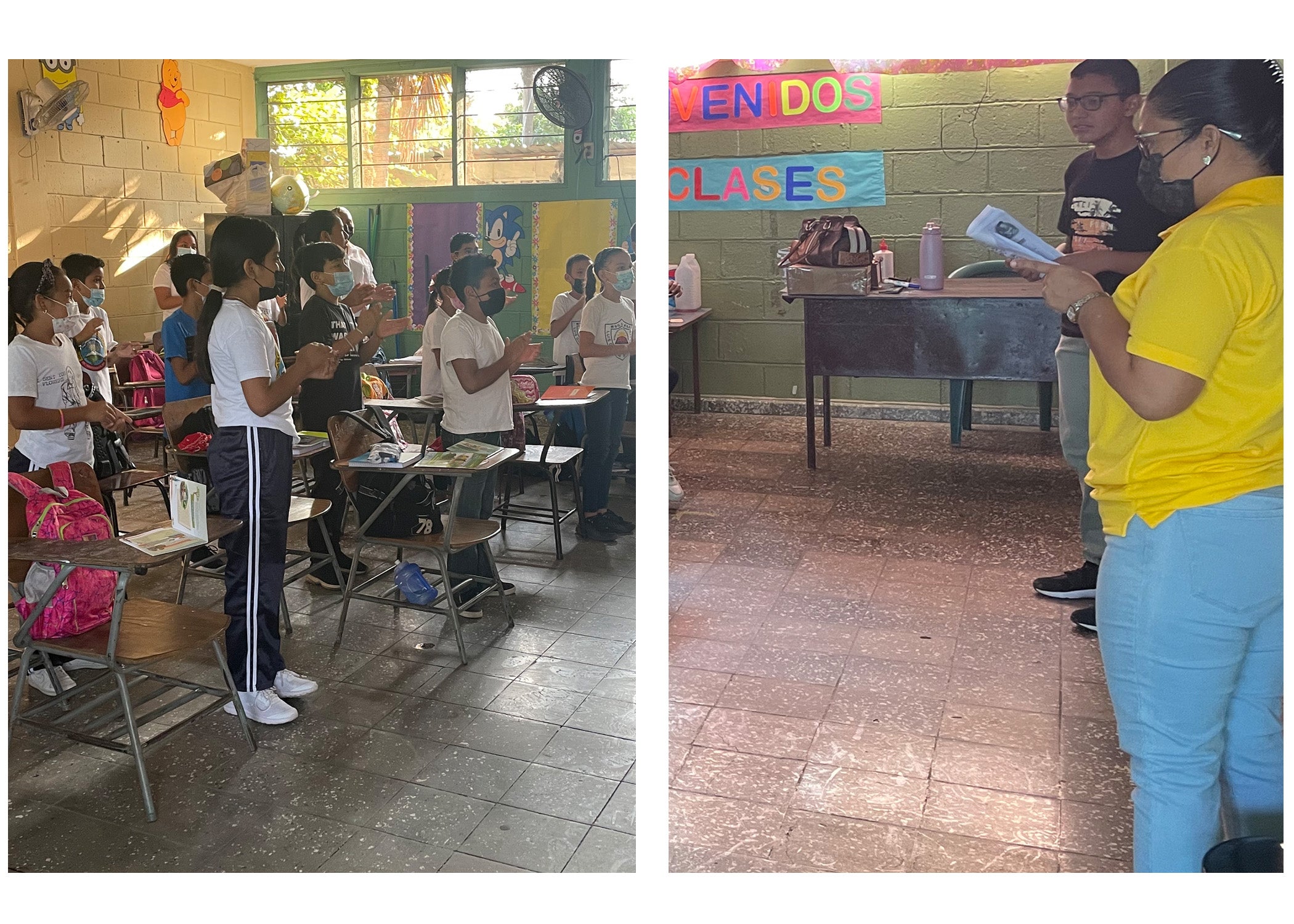Two photos side by side. The first photo is of a classroom of children wearing masks clapping. The second photo if a teacher wearing a mask reading from a book. 