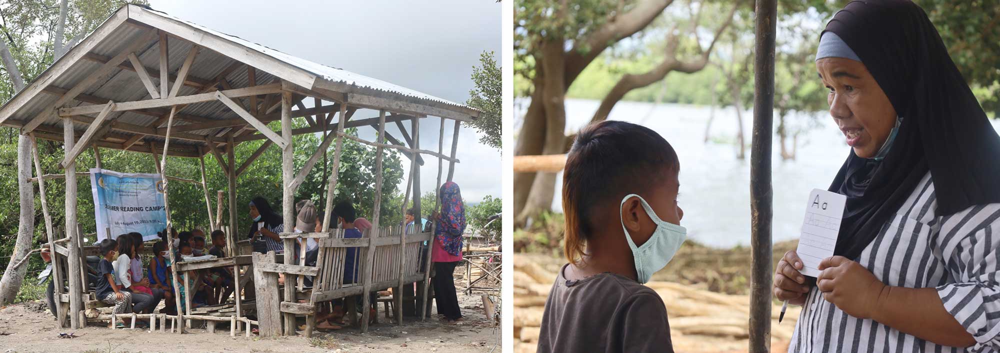 Left image: a group of children are seated outside under a wooden canopy structure. Right image: an adult woman with a note in hand speaks to a child wearing a medical mask.