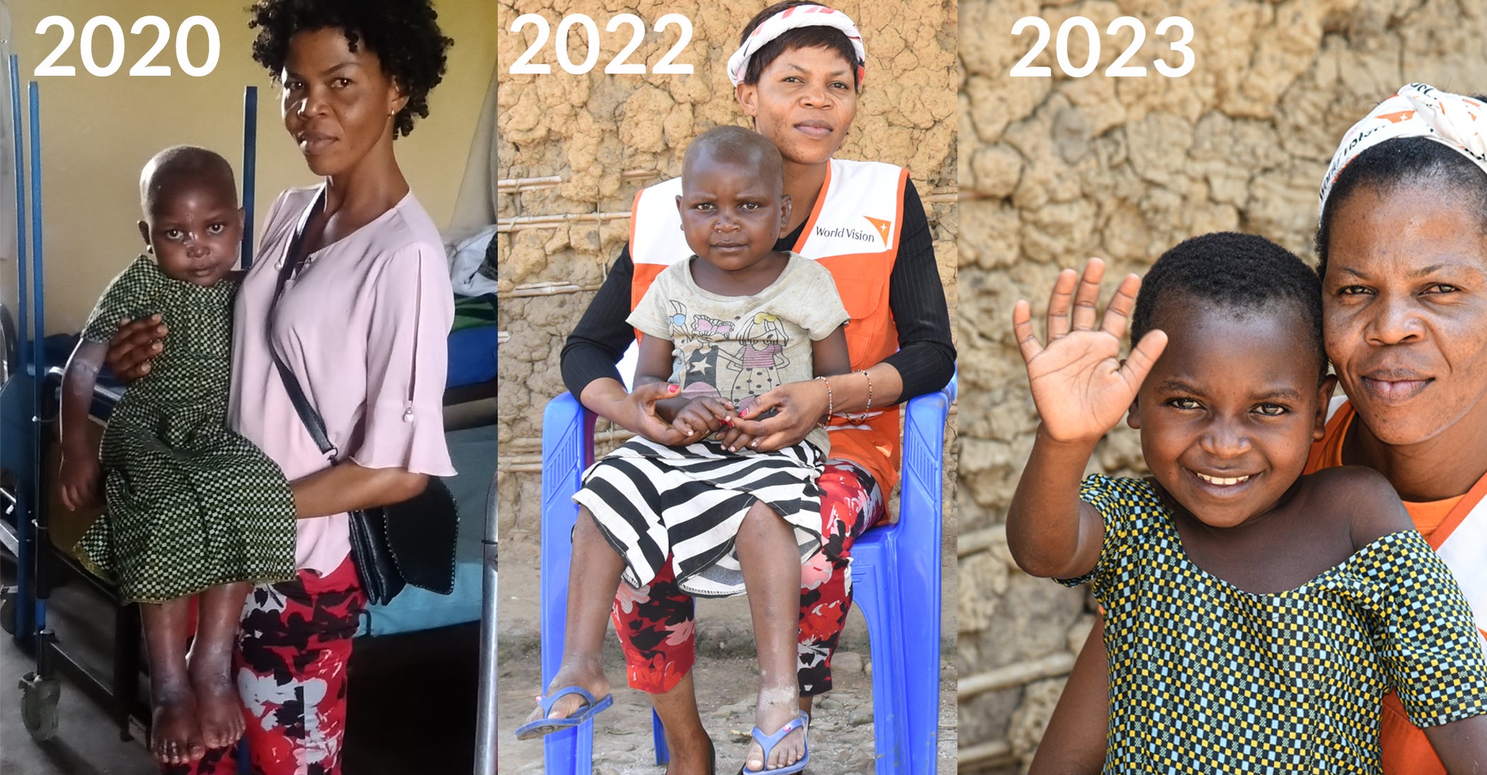 Three photos show Jusline's growth from 2020 to 2022 to 2023. Her nutritionist, Benedict, sits with her in each photo. In the last photo Jusline smiles and waves.  