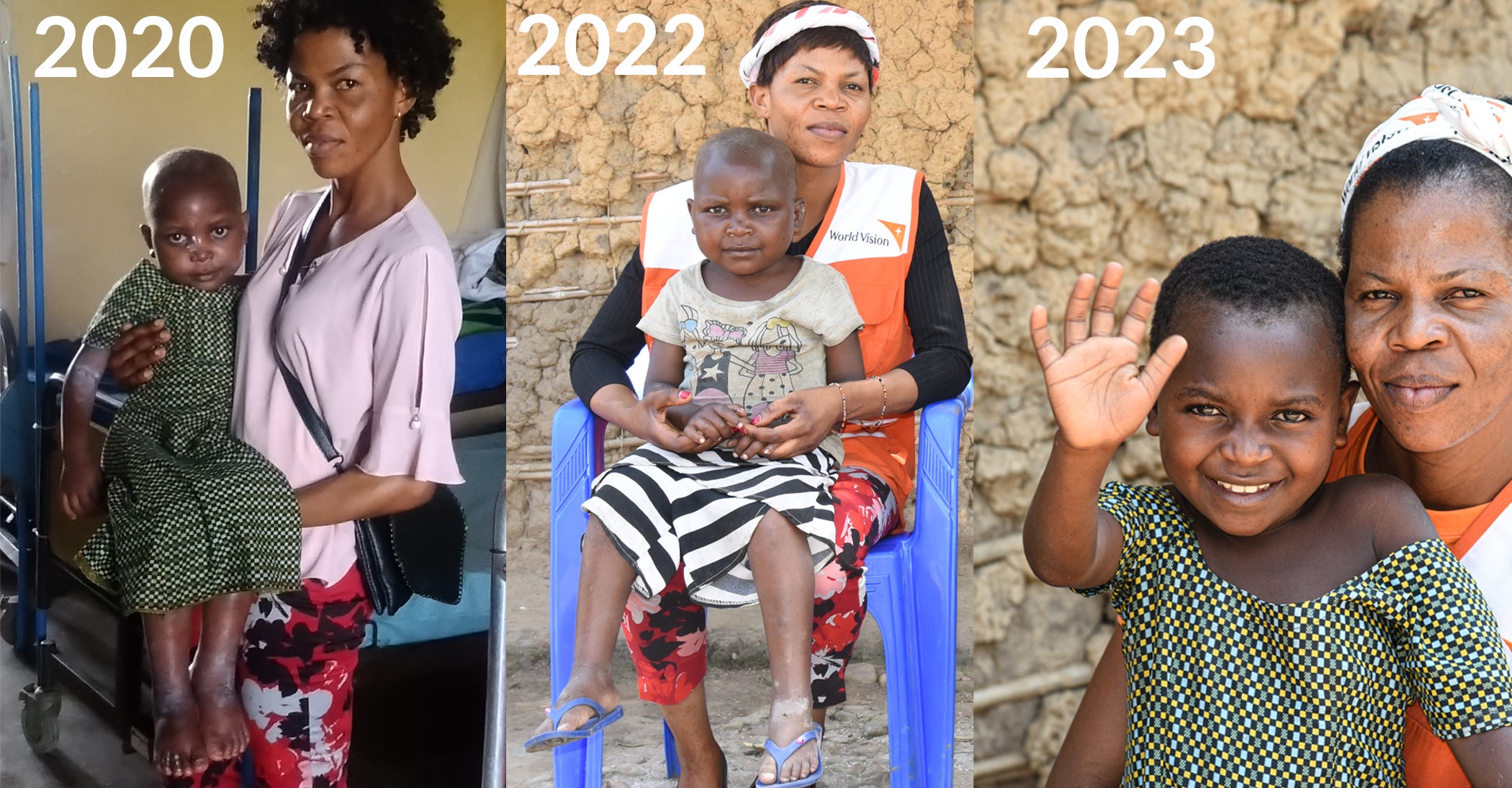 Three photos show Jusline's growth from 2020 to 2022 to 2023. Her nutritionist, Benedict, sits with her in each photo. In the last photo Jusline smiles and waves.