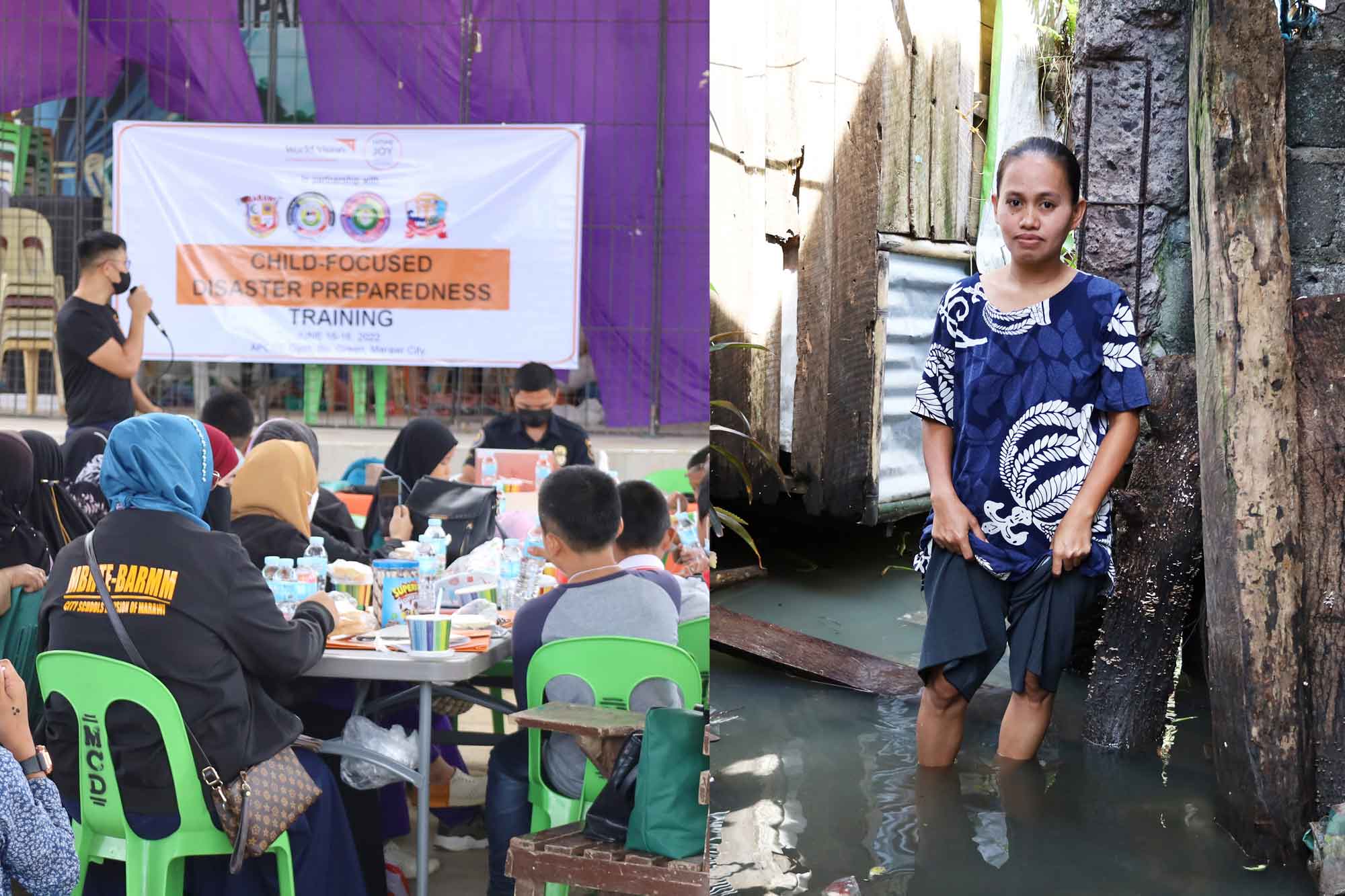 Left image: a group of people are seated, as they attend a World Vision Child-Focused Disaster Preparedness training session. Right image: a woman wearing a blue patterned shirt and grey shorts stands knee deep in flood water.  