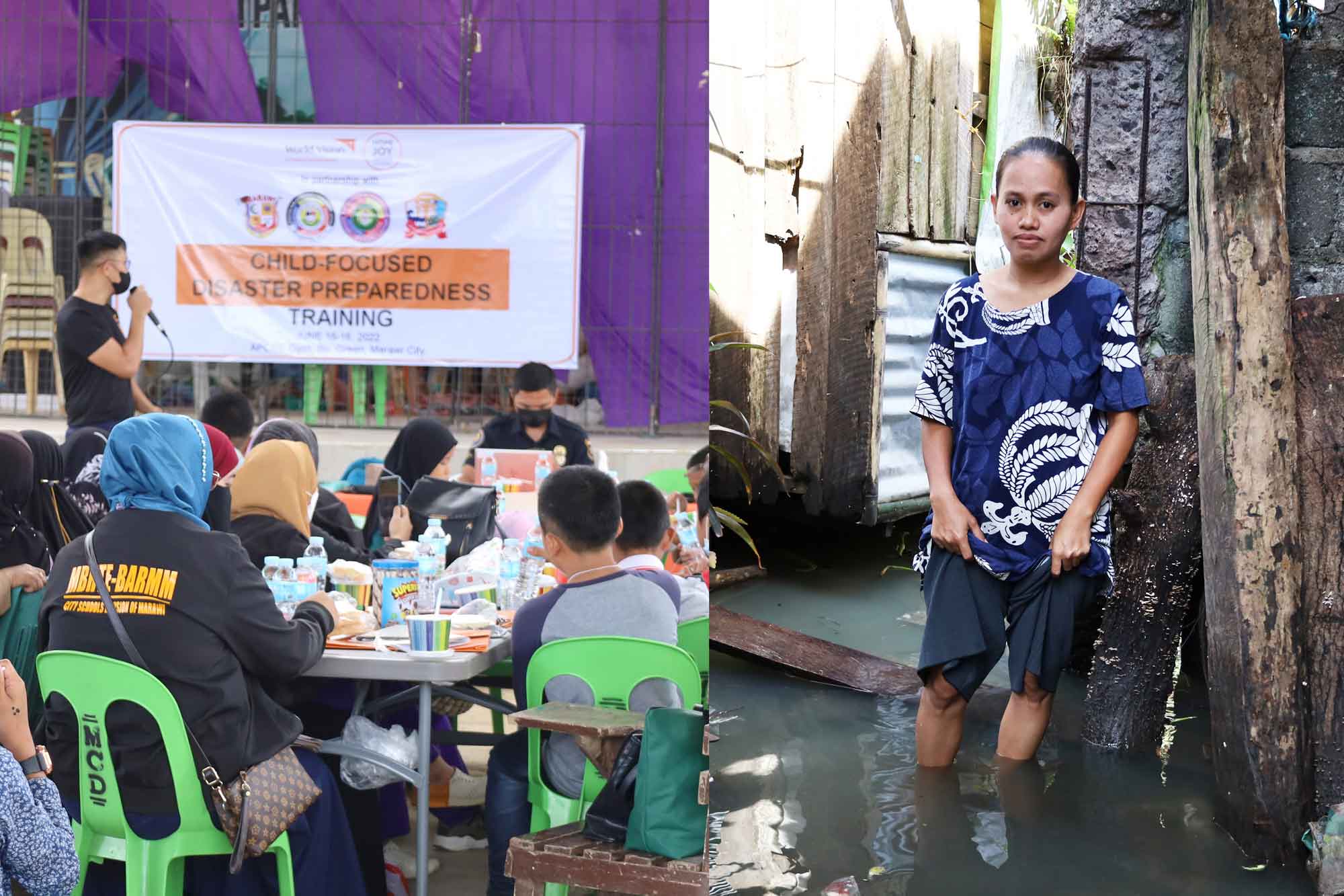 Left image: a group of people are seated, as they attend a World Vision Child-Focused Disaster Preparedness training session. Right image: a woman wearing a blue patterned shirt and grey shorts stands knee deep in flood water.