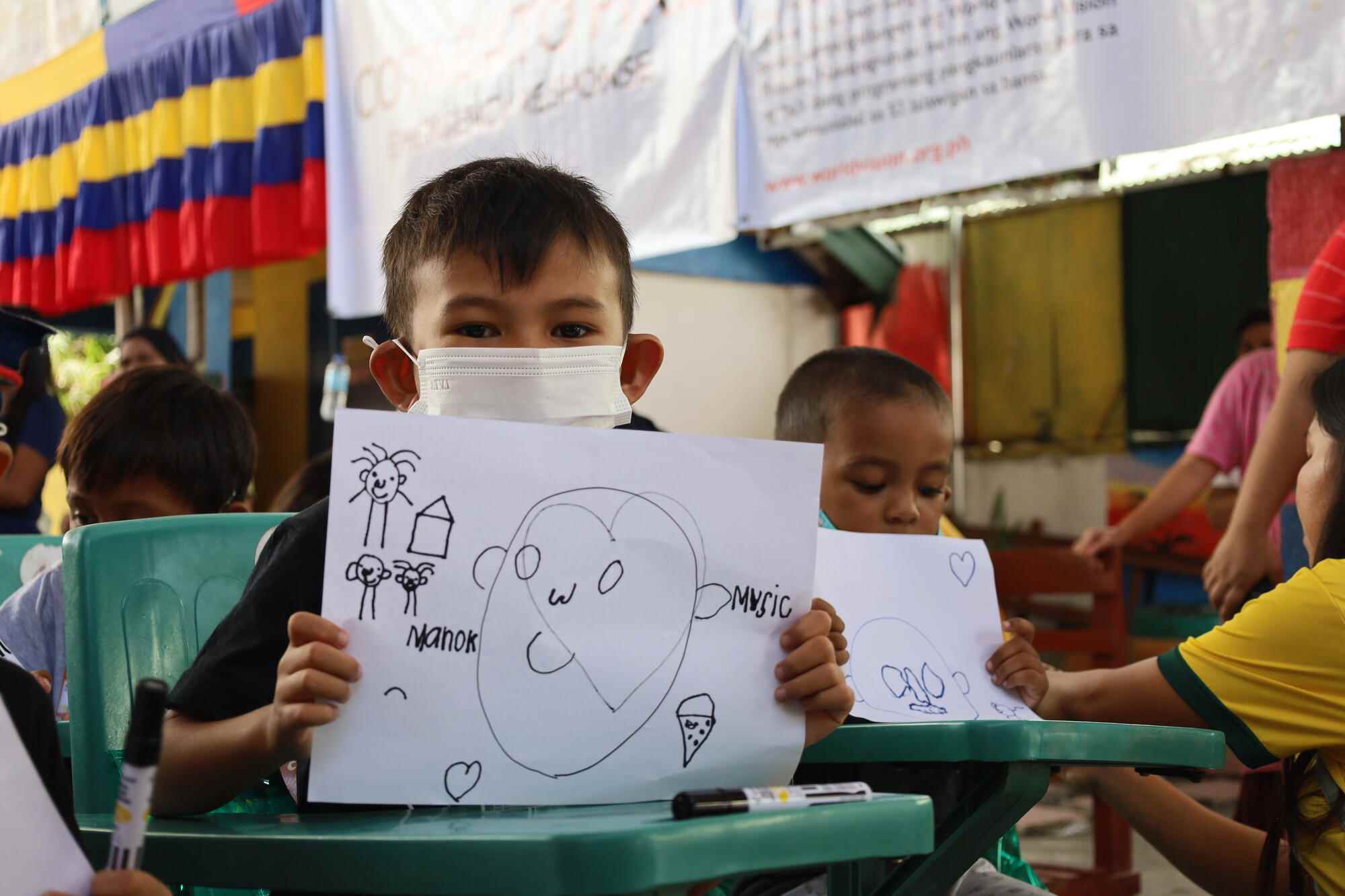 A catastrophic fire broke in Barangay Poblacion 7, Cotabato City on 5 July 2023, resulting in the destruction of houses and leaving hundreds of families homeless. Some children who survived the fire show their drawings as part of a Psychological First Aid (PFA) program by World Vision. World Vision through Raw Hope has provided hygiene and educational kits as well as 10-day psychological support through Child-Friendly Spaces (CFS) . Families also received sets of kitchenware utensils, consisting of a cooking pot, frying pan, stainless steel bowls, tablespoons, forks, serving spoons, plates and mugs.