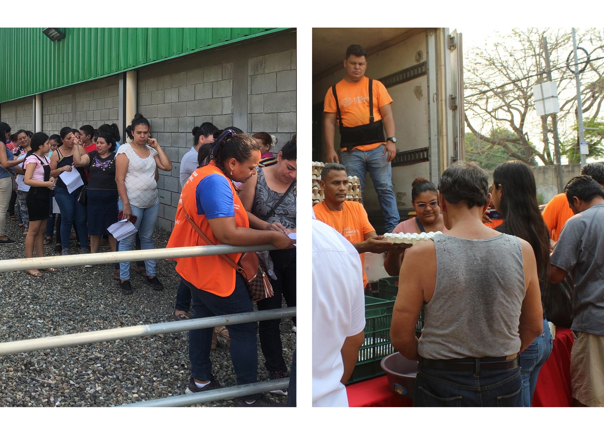 Two photos side by side. The first photo a group of people wait in line for food distribution. The second photo food is being distributed from the back of a truck. 