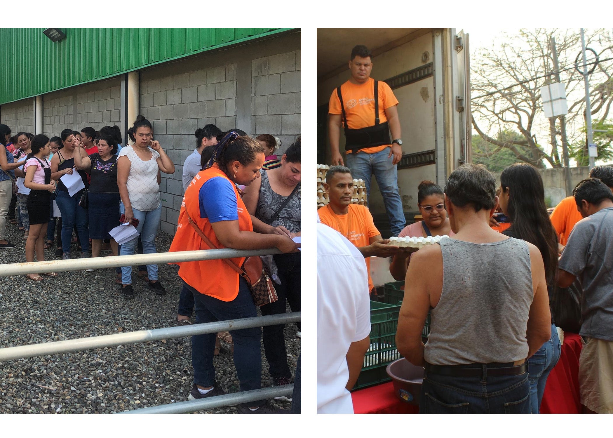 Two photos side by side. The first photo a group of people wait in line for food distribution. The second photo food is being distributed from the back of a truck.